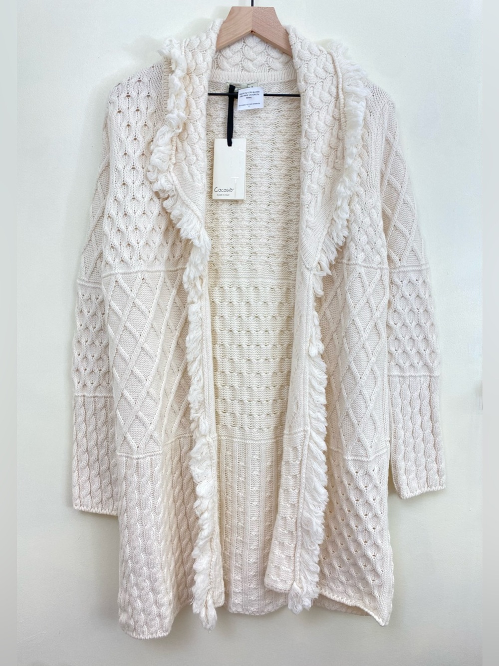 Cocogio Cream Cable Knit Fringe Wool Blend Open Cardigan Sz M Oversized - Italy